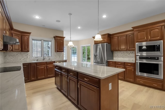 25 Davinci Ct, Amherst, NY 14221 - kitchen featuring stainless steel appliances, under cabinet range hood, a sink, light wood-type flooring, and decorative backsplash