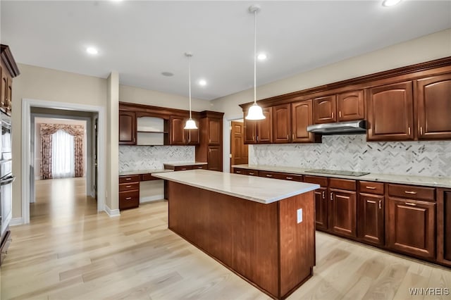 25 Davinci Ct, Amherst, NY 14221 - kitchen with open shelves, black electric cooktop, a center island, light wood-type flooring, and recessed lighting