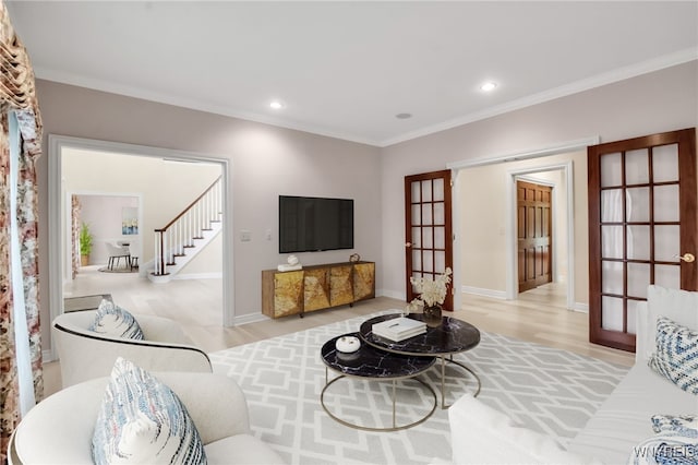 25 Davinci Ct, Amherst, NY 14221 - living room featuring french doors, light wood finished floors, stairway, crown molding, and recessed lighting