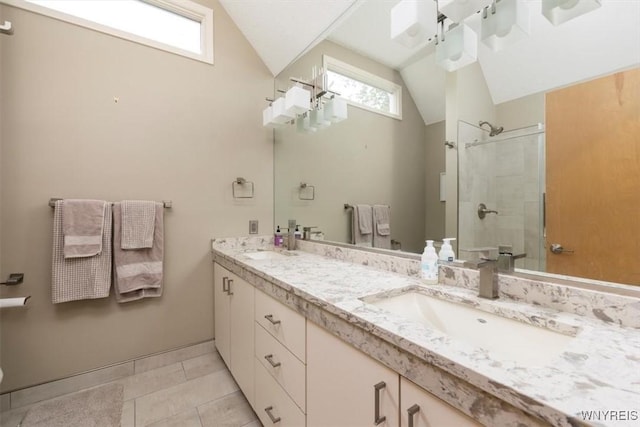 54 Contessa Ct, Amherst, NY 14221 - bathroom with vaulted ceiling, double vanity, a shower with door, and tile patterned flooring