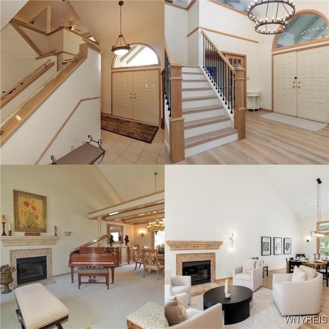 54 Contessa Ct, Amherst, NY 14221 - living area with a tiled fireplace, stairs, high vaulted ceiling, and a chandelier