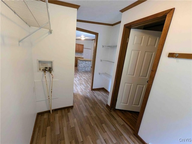 3377 Beeman Hollow Rd, Erwin, NY 14801 - laundry area with dark wood-type flooring, washer hookup, crown molding, and baseboards