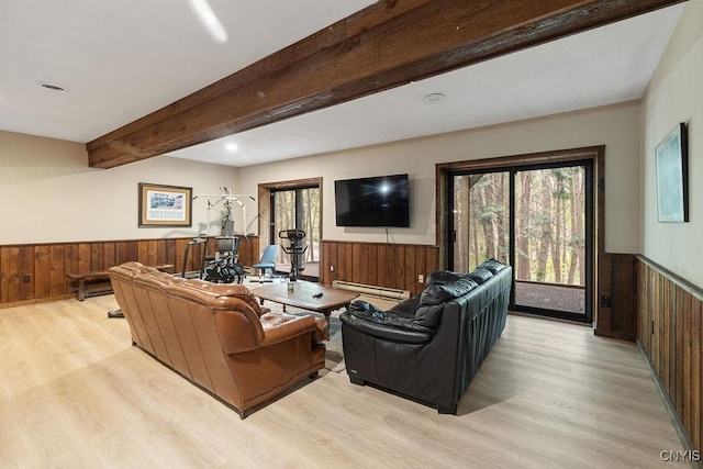 4962 Tall Oaks Dr, Manlius, NY 13066 - living area with wainscoting, wood finished floors, wood walls, beamed ceiling, and a baseboard radiator