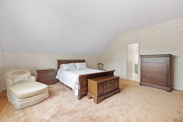 4962 Tall Oaks Dr, Manlius, NY 13066 - bedroom featuring wallpapered walls, vaulted ceiling, and light carpet