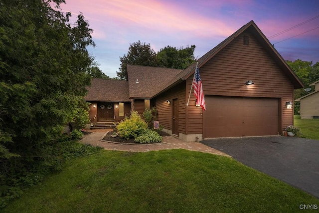4962 Tall Oaks Dr, Manlius, NY 13066 - chalet / cabin featuring driveway, a lawn, a garage, and roof with shingles