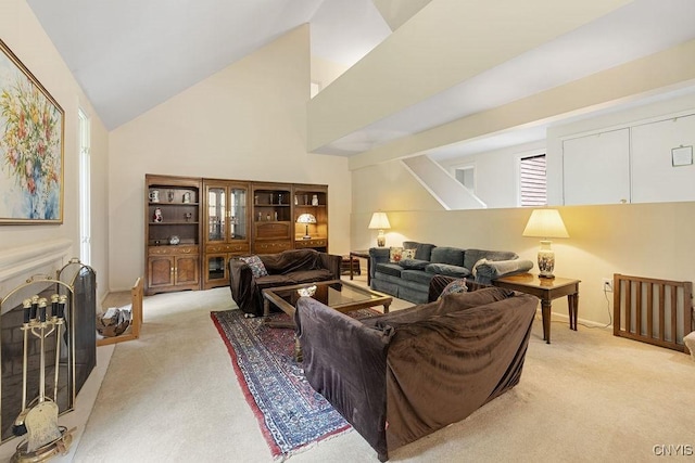 4962 Tall Oaks Dr, Manlius, NY 13066 - living area featuring light carpet and high vaulted ceiling