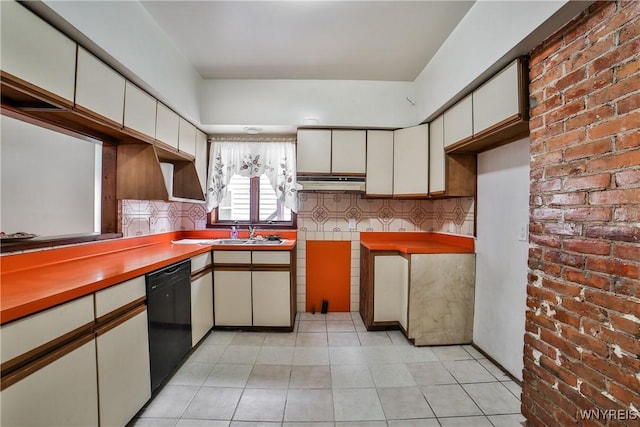 421 E Utica St, Buffalo, NY 14208 - kitchen featuring black dishwasher, under cabinet range hood, white cabinets, and a sink