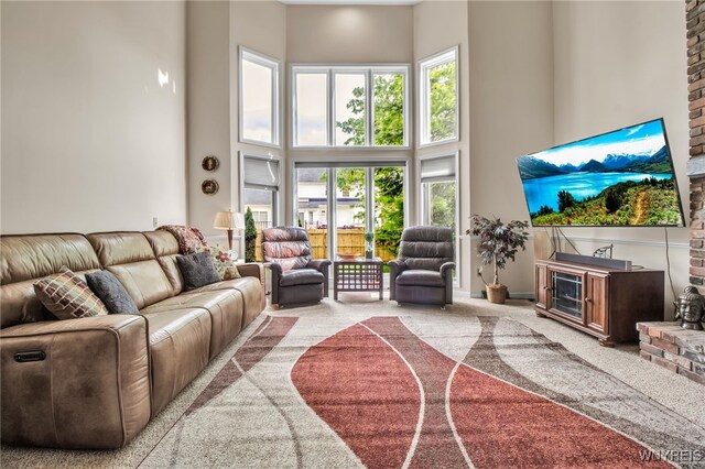 8395 Black Walnut Dr, Clarence, NY 14051 - living area with a towering ceiling and carpet floors