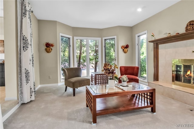 8395 Black Walnut Dr, Clarence, NY 14051 - living room featuring carpet, a fireplace, and baseboards