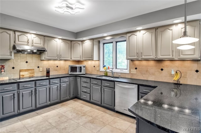 8395 Black Walnut Dr, Clarence, NY 14051 - kitchen featuring dishwasher, a sink, under cabinet range hood, gray cabinets, and pendant lighting