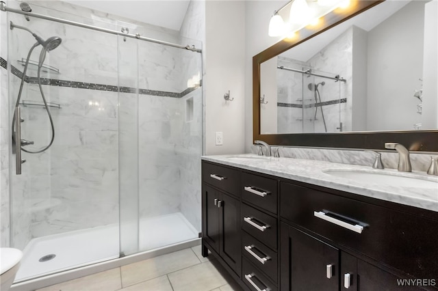 8395 Black Walnut Dr, Clarence, NY 14051 - full bath featuring a stall shower, double vanity, and tile patterned floors