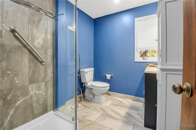 8395 Black Walnut Dr, Clarence, NY 14051 - bathroom with a shower stall, toilet, baseboards, and vanity