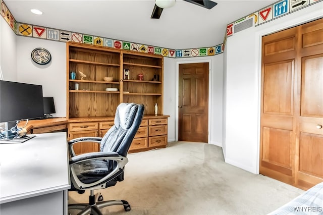 8395 Black Walnut Dr, Clarence, NY 14051 - home office featuring light carpet, a ceiling fan, and baseboards