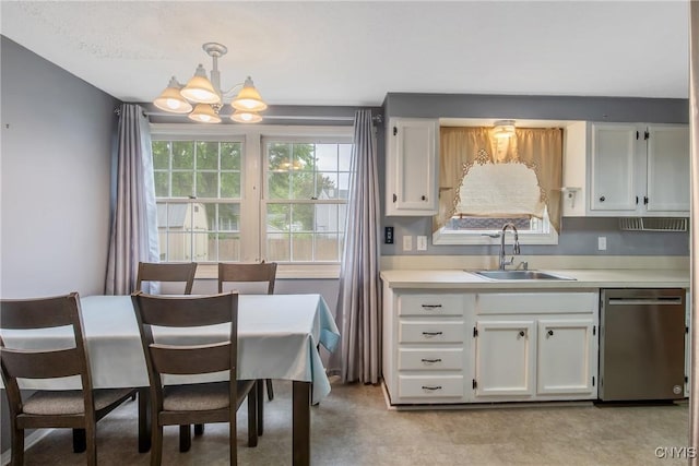 8013 Plinius, Clay, NY 13090 - kitchen featuring dishwasher, a sink, a chandelier, and white cabinets