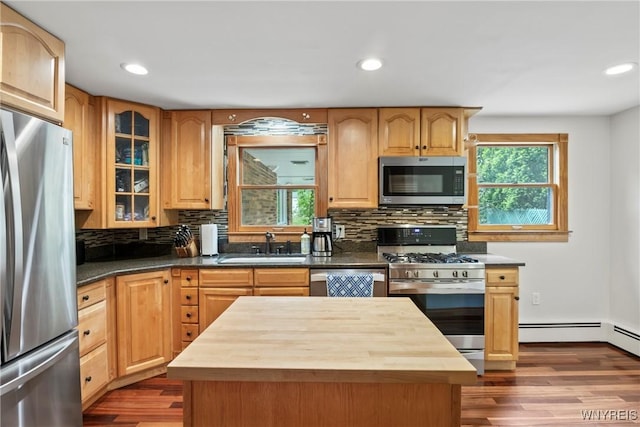 79 Windermere Blvd, Amherst, NY 14226 - kitchen with appliances with stainless steel finishes, wooden counters, a sink, decorative backsplash, and wood finished floors