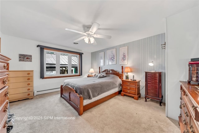 393 Bauman Rd, Amherst, NY 14221 - bedroom featuring light colored carpet, a baseboard heating unit, and ceiling fan