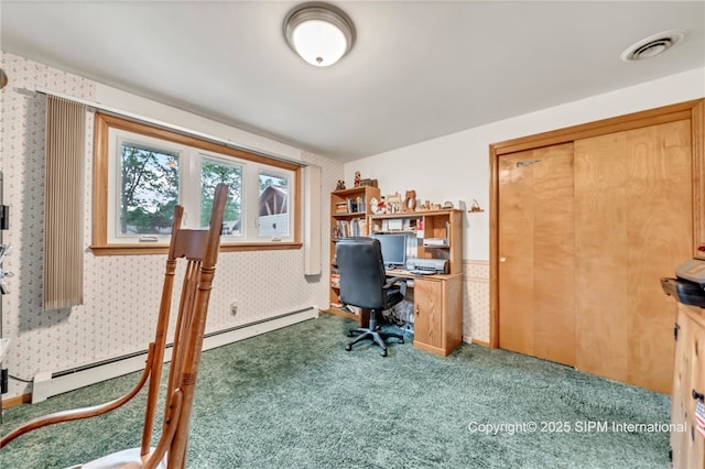 393 Bauman Rd, Amherst, NY 14221 - carpeted office featuring wallpapered walls and a baseboard radiator