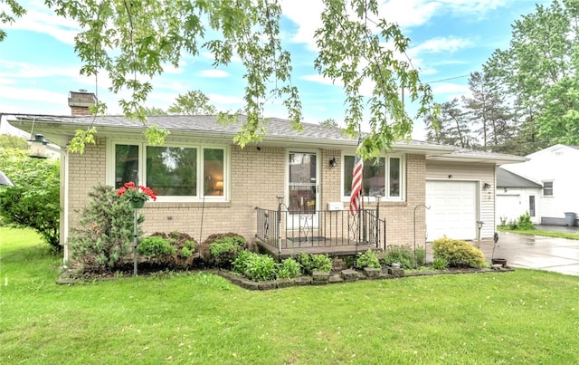 393 Bauman Rd, Amherst, NY 14221 - ranch-style home with brick siding, concrete driveway, an attached garage, and a chimney