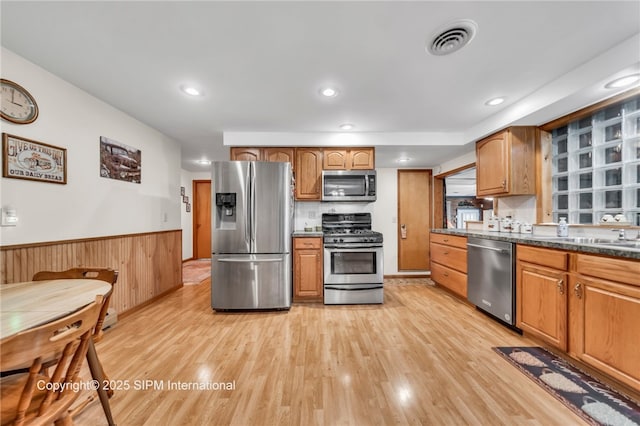 393 Bauman Rd, Amherst, NY 14221 - kitchen featuring appliances with stainless steel finishes, light wood-style flooring, wainscoting, recessed lighting, and wooden walls