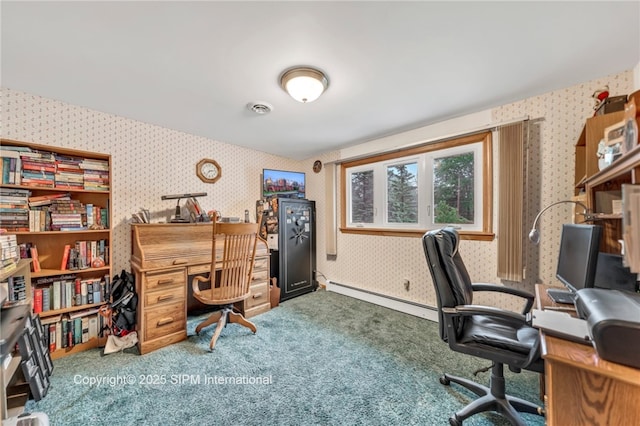 393 Bauman Rd, Amherst, NY 14221 - carpeted office with wallpapered walls and a baseboard heating unit