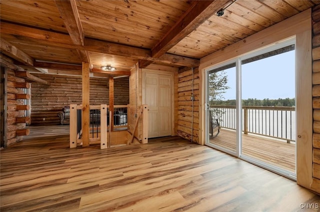 1159 Hunt Rd, Forestport, NY 13494 - unfurnished living room featuring wood ceiling with exposed beams, wood finished floors, a water view, and rustic walls