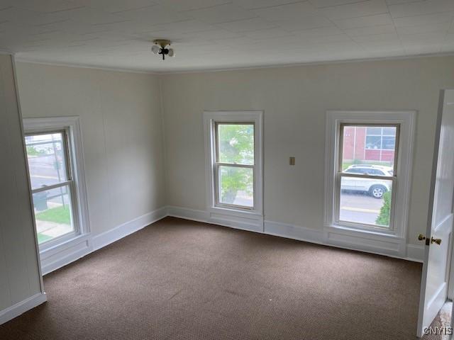 3 Genesee St, New Berlin, NY 13411 - unfurnished room with carpet floors, crown molding, and baseboards
