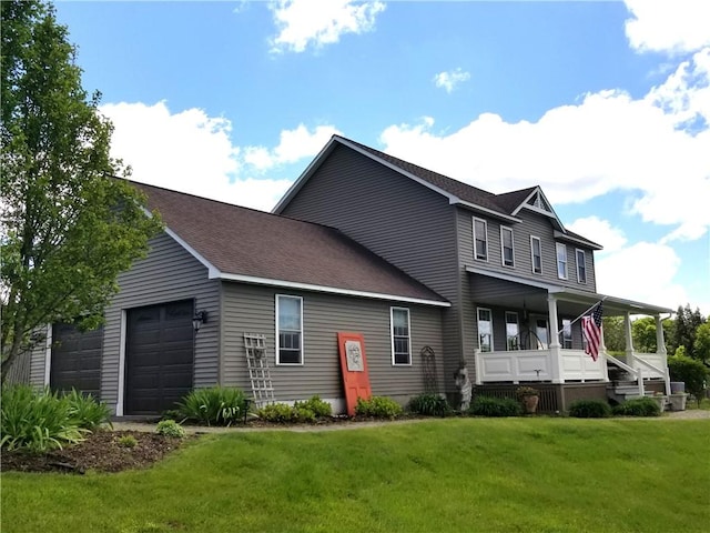 7404 Bonney Hill Rd, Hamilton, NY 13346 - view of front facade with a garage, a porch, a front lawn, and a shingled roof