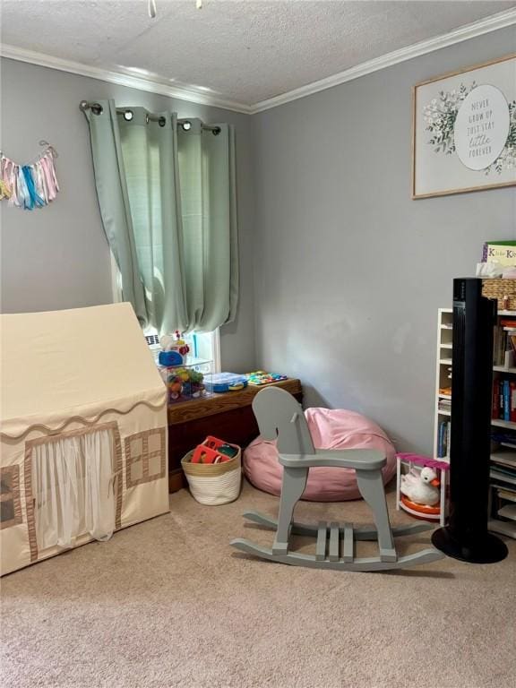 145 Decatur St, Corning-City, NY 14830 - bedroom with carpet floors, crown molding, and a textured ceiling