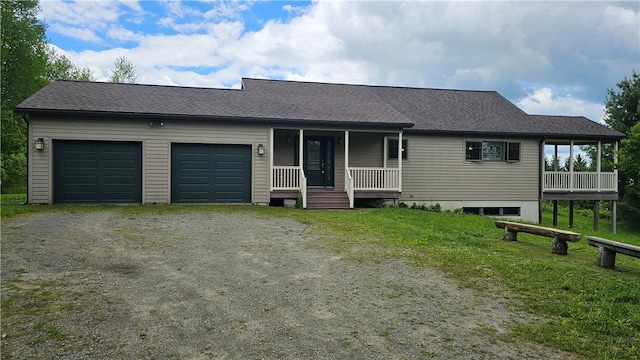 746 Gospel Hill Rd, Guilford, NY 13780 - single story home with covered porch, driveway, an attached garage, and roof with shingles