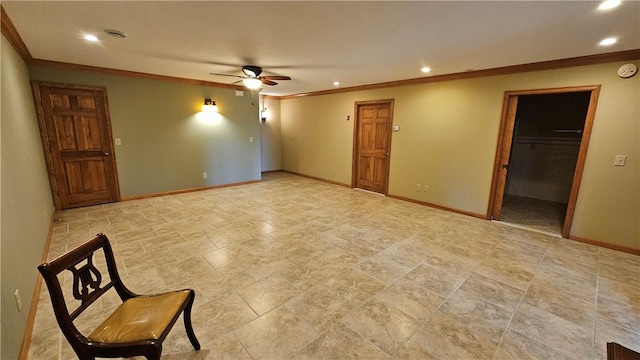 746 Gospel Hill Rd, Guilford, NY 13780 - spare room featuring ceiling fan, recessed lighting, crown molding, light stone finish flooring, and a smoke detector
