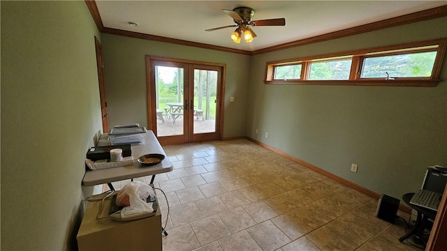 746 Gospel Hill Rd, Guilford, NY 13780 - doorway to outside featuring french doors, ceiling fan, crown molding, and tile patterned flooring