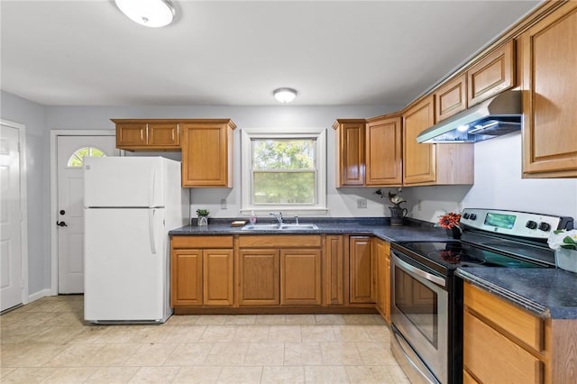 2200 W Henrietta Rd, Brighton, NY 14623 - kitchen with stainless steel range with electric cooktop, freestanding refrigerator, under cabinet range hood, a sink, and healthy amount of natural light