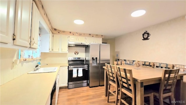 48 Presidio Pl, Amherst, NY 14221 - kitchen featuring stainless steel appliances, a sink, under cabinet range hood, light wood-style flooring, and light countertops