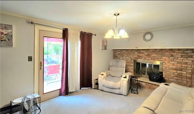 48 Presidio Pl, Amherst, NY 14221 - carpeted living area featuring a chandelier, crown molding, and a fireplace