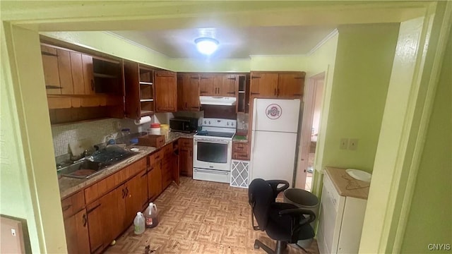 3099 Hope Pl, Lysander, NY 13027 - kitchen with white appliances, under cabinet range hood, ornamental molding, a sink, and backsplash