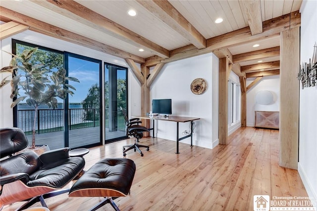 6007 Tinkertown Dr, Chautauqua, NY 14728 - home office with recessed lighting, beam ceiling, wood-type flooring, and baseboards