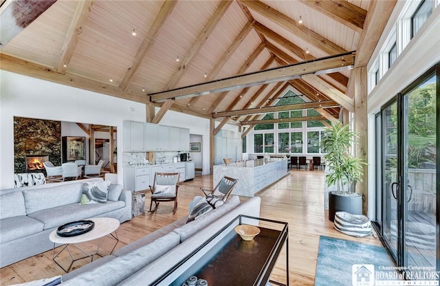 6007 Tinkertown Dr, Chautauqua, NY 14728 - living area with wooden ceiling with exposed beams, high vaulted ceiling, and light wood-type flooring