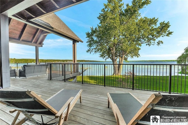 6007 Tinkertown Dr, Chautauqua, NY 14728 - wooden terrace featuring a water view and a lawn