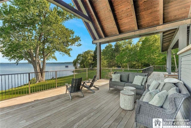 6007 Tinkertown Dr, Chautauqua, NY 14728 - wooden terrace with a water view and an outdoor living space