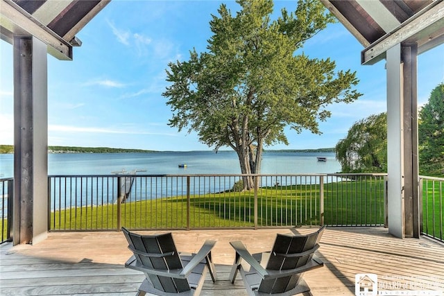 6007 Tinkertown Dr, Chautauqua, NY 14728 - wooden terrace featuring a water view and a yard
