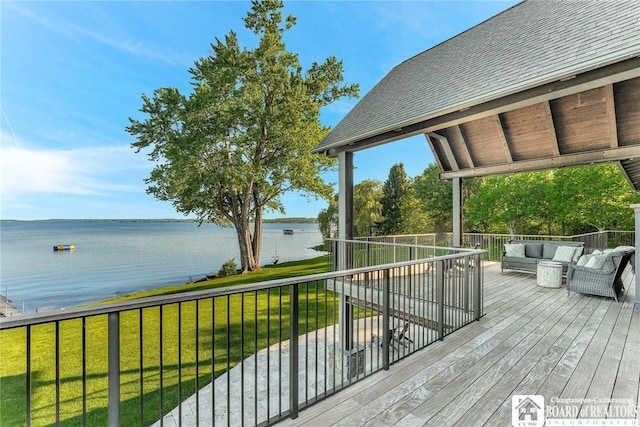 6007 Tinkertown Dr, Chautauqua, NY 14728 - wooden deck featuring a water view, an outdoor living space, and a yard