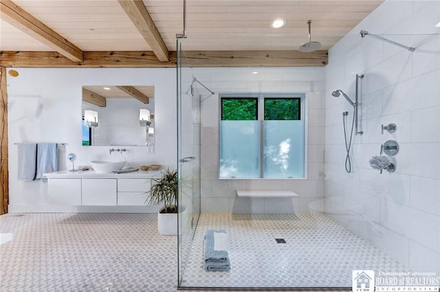6007 Tinkertown Dr, Chautauqua, NY 14728 - full bathroom with vanity, a tile shower, wood ceiling with exposed beams, and recessed lighting