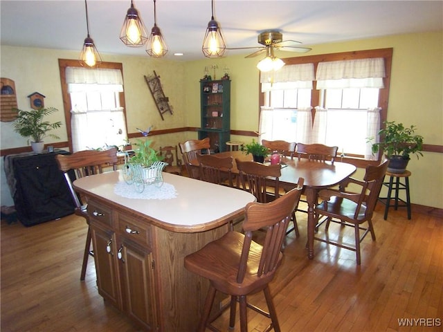 8330 Greiner Rd, Clarence, NY 14221 - dining room with healthy amount of natural light, a ceiling fan, light wood finished floors, and baseboards