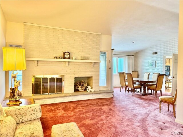 111 Spyglass Ln, Manlius, NY 13066 - living area featuring wallpapered walls, carpet, and a fireplace