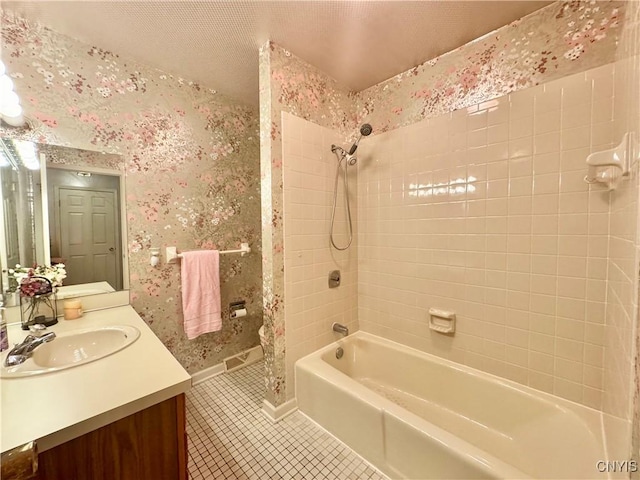 111 Spyglass Ln, Manlius, NY 13066 - bathroom with wallpapered walls, tile patterned floors, vanity, shower / bathtub combination, and baseboards
