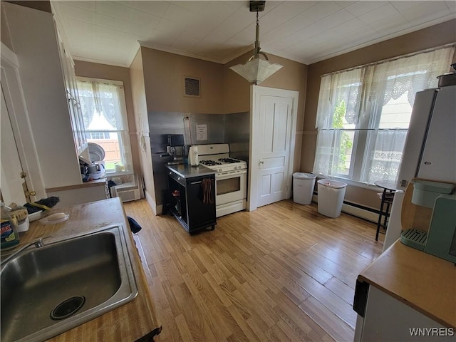139 Englewood Ave, Buffalo, NY 14214 - kitchen featuring white gas stove, a sink, a baseboard radiator, crown molding, and light wood finished floors