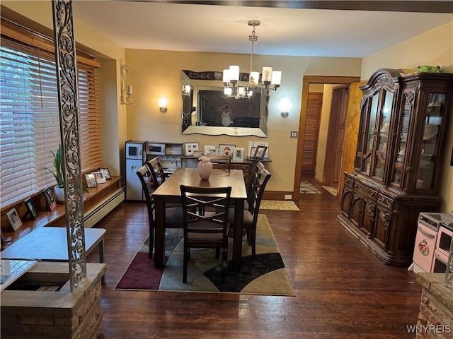 251 Minnesota Ave, Buffalo, NY 14215 - dining space featuring a chandelier, wood finished floors, baseboard heating, and baseboards