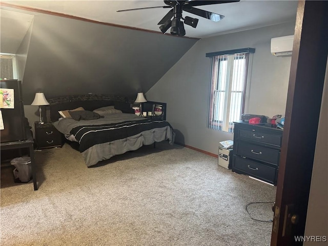 251 Minnesota Ave, Buffalo, NY 14215 - bedroom with carpet flooring, a wall mounted air conditioner, lofted ceiling, a ceiling fan, and baseboards
