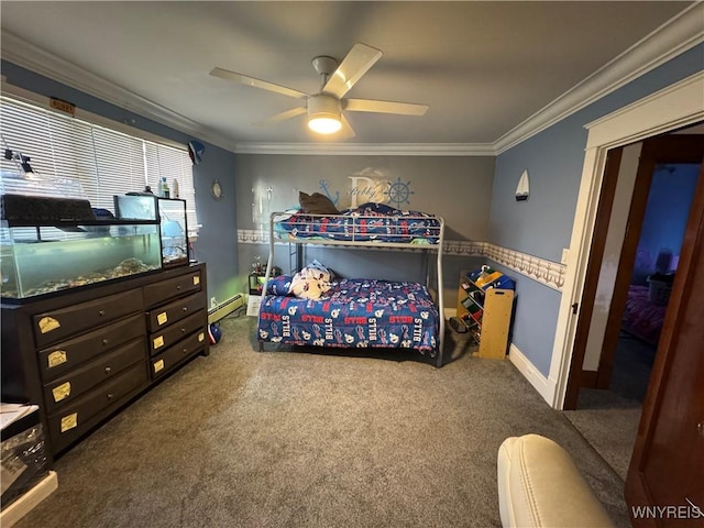 251 Minnesota Ave, Buffalo, NY 14215 - bedroom featuring baseboard heating, carpet flooring, crown molding, a ceiling fan, and baseboards
