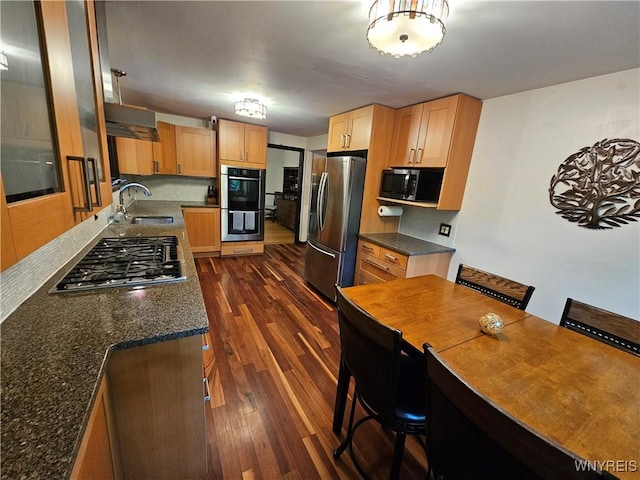 7066 E Ln, Boston, NY 14057 - kitchen with stainless steel appliances, a sink, dark wood-style floors, under cabinet range hood, and light brown cabinets